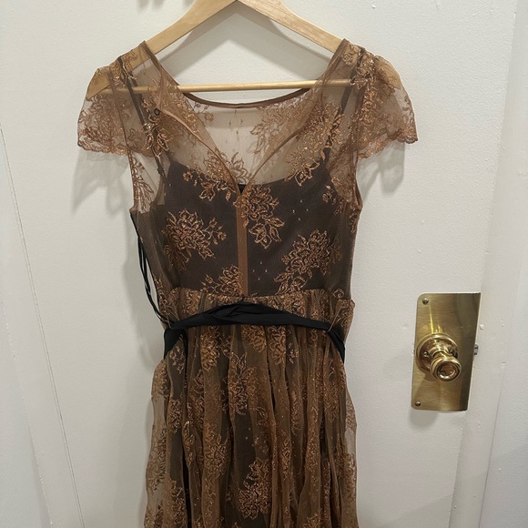 Moulinette Soeurs Brown Lace Mini Dress with Black Sash - Picture 2 of 3